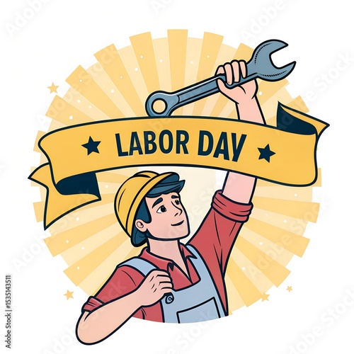Labor Day Text Vector Concept – Young Man Holding Wrench with Yellow Ribbon Banner