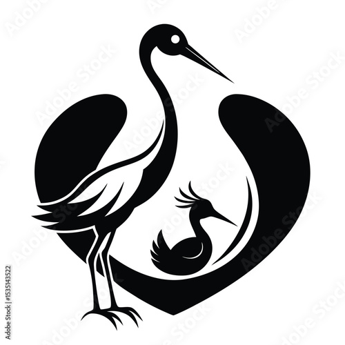 Elegant vector illustration of a stork and baby bird inside a heart-shaped design