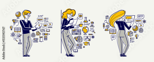 Education in university or collage, student is doing homework or preparing for exam, vector outline illustration set, study sciences and graduate.