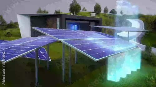 Glowing virtual energy over solar panels in power plant. Futuristic renewable power generation, clean technology concept with digital energy display.


