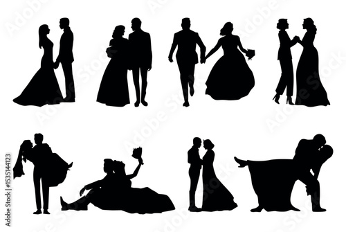 Couple in weeding costumes silhouette, Wedding couple silhouette