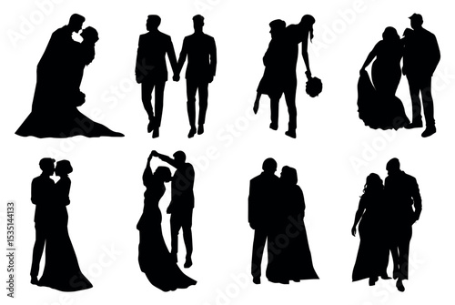Couple in weeding costumes silhouette, Wedding couple silhouette