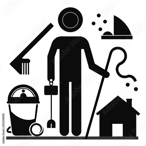 Silhouette illustration of a janitor character surrounded by cleaning supplies and house icon