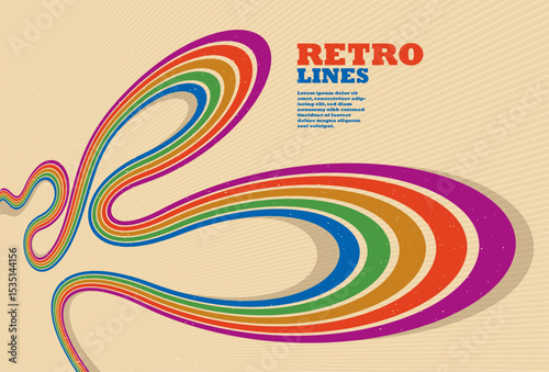 Linear vector abstract background in all colors of rainbow, retro style lines in 3D dimensional perspective, vintage poster art.