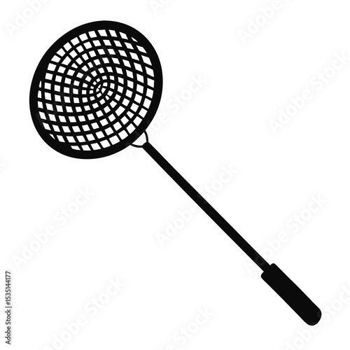 Silhouette illustration of a round fishing net with a handle and a white background