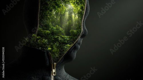 A creative representation of human consciousness: a zipper unzips a person's head to reveal the natural world. The image suggests the connection between mind and nature
