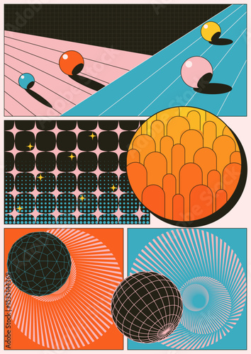Abstract Geometric Posters 3D Effect Shapes, Perspectives and Dimensions. 1980s Colors Combination