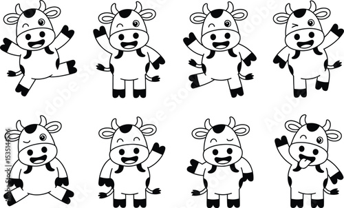 Playful cartoon cows collection in black and white illustration
