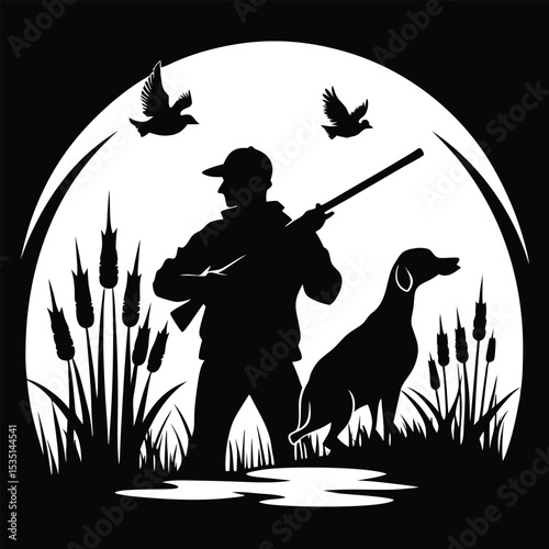 Silhouette illustration of a hunter with a dog and birds in a natural hunting setting