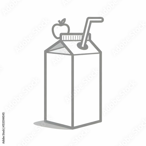 Minimalist black and white vector icon of a juice box with straw and fruit symbol on the side, clean line art, no background