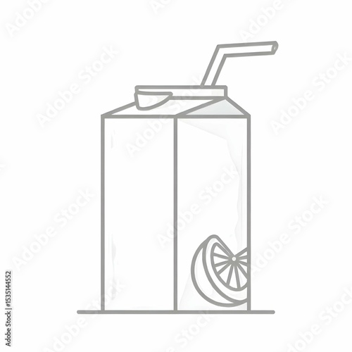 Minimalist black and white vector icon of a juice box with straw and fruit symbol on the side, clean line art, no background
