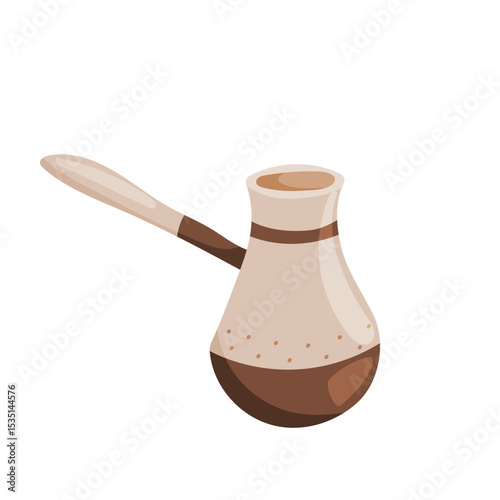 Vector cezve with wooden handle filled with coffee. Suitable for menu design, packaging, recipes, coffee themes and retro style graphics