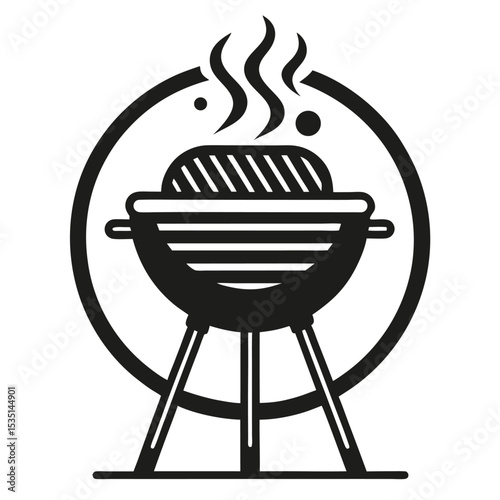Simple black and white illustration of a grill with smoke for summer barbecue season