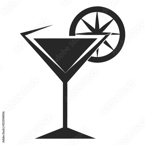 Simple black and white illustration of a martini cocktail with lemon slice decoration