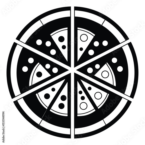 Simple black and white illustration of a pizza cut into six slices with toppings