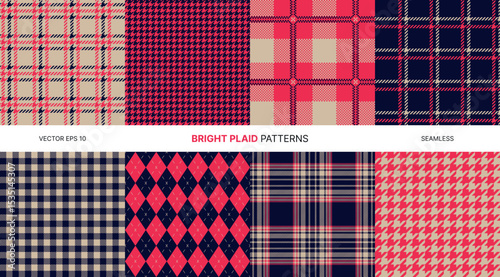 Seamless vector patterns with bright plaid, red navy checkered argyle houndstooth tartan textile backgrounds, stylish geometric retro patterns for clothing decor wrapping or digital designs