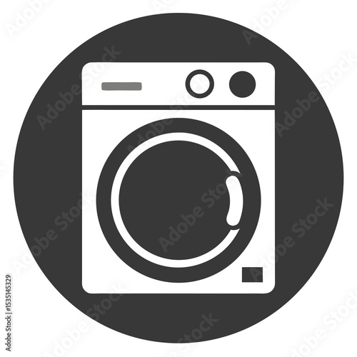 Simple icon of a washing machine in a black circle suitable for design and branding