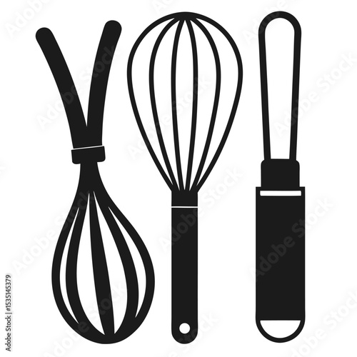 Simple monochrome illustration of a balloon whisk a flat spatula and a wire whisk.