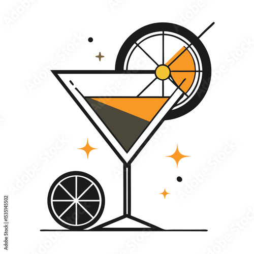Stylish minimalist cocktail martini vector illustration with orange slice decoration and sparkling accents