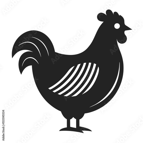 Stylized black and white silhouette illustration of a rooster chicken in a minimalist design