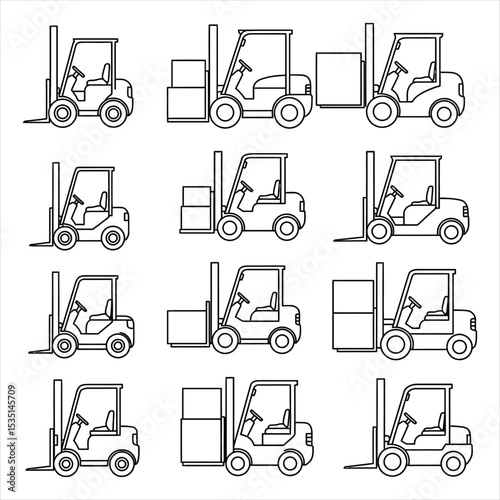 Line Drawings of Forklifts Some with Cargo Boxes truck Vector Illustration for Design, Business, and Stock Platforms