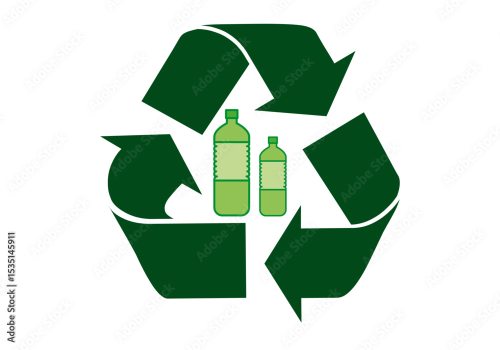 Botellas verde con icono de reciclar representando reciclaje de plásticos