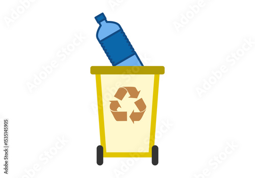 Contenedor amarillo de reciclaje de plásticos con botella