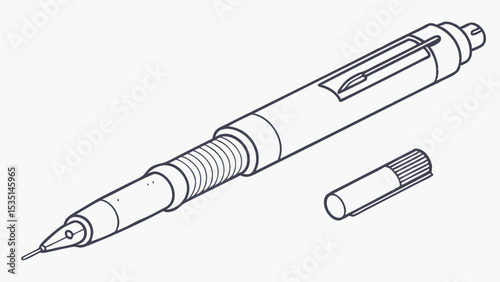 Technical Pen Illustration with Cap, Isolated White Background
