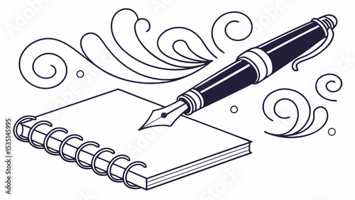 Fountain pen poised above blank notepad with ornate flourishes.