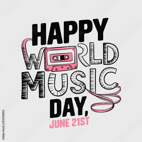 Happy World Music Day greeting card. June 21st celebration poster with retro pink cassette tape and hand-drawn typography. Vintage audio festival vector illustration
