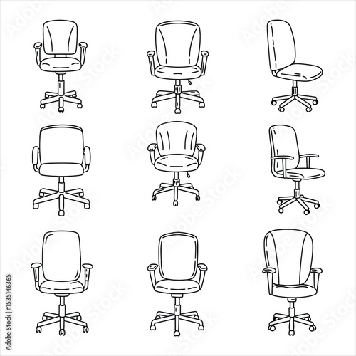 Line Drawings of Office Chairs Various Angles Black White swivel rolling Vector Illustration for Design, Business, and Stock Platforms
