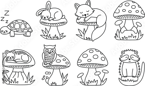 Forest animals sleeping on mushrooms black and white doodle illustration line art
