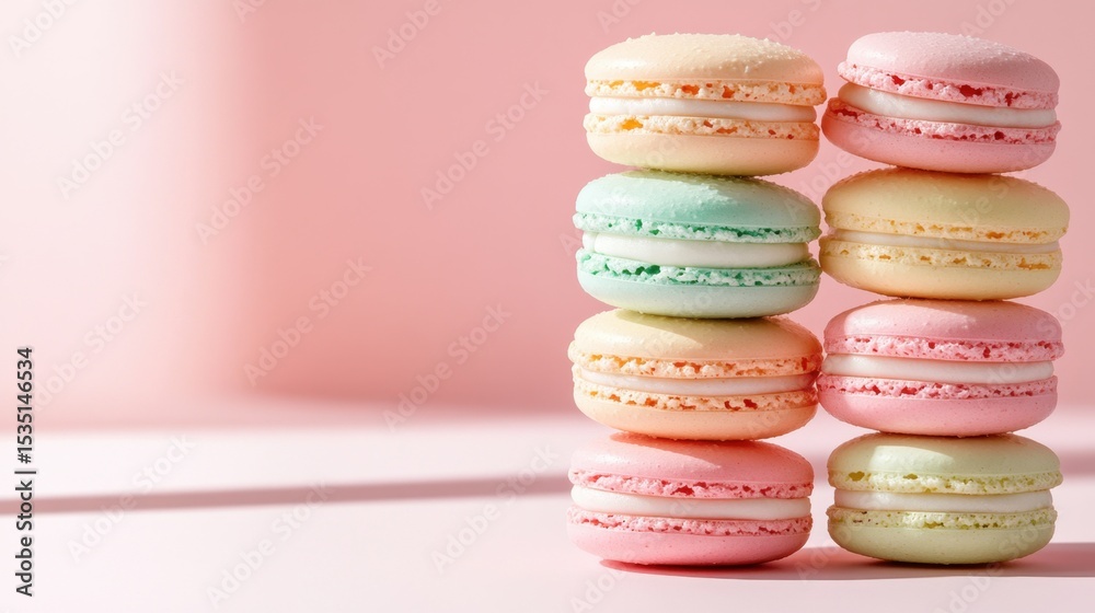 Fototapeta premium Stacked macaroons in pastel shades on a clean background with playful shadows