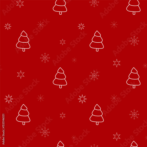 Seamless Red Holiday Pattern with Christmas Trees and Snowflakes