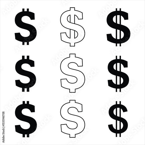 variations of the dollar sign black and white bold font currency symbol money finance icons vector Vector Illustration for Design, Business, and Stock Platforms