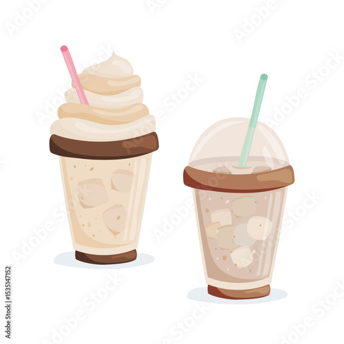Two iced coffee drinks, frappe with cream and iced latte with ice cubes. Vector illustration suitable for menu design, posters, packaging and promotional materials