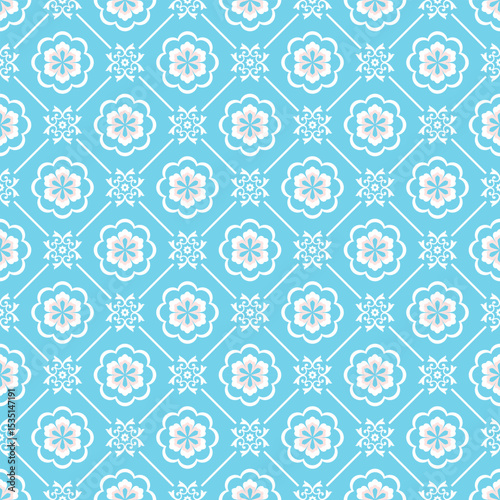 This graphic is a seamless light blue and white floral pattern on a bright blue background. It is perfect for wallpaper, wrapping paper, fabric prints, tiles and other items.