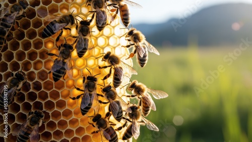 Honeybees actively working on a honeycomb in a sunlit environment