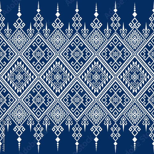 Traditional Thai geometric patterns in blue tones are associated with Thai culture and are often used on clothing, pipes, curtains, bags, and are also used to decorate various objects.