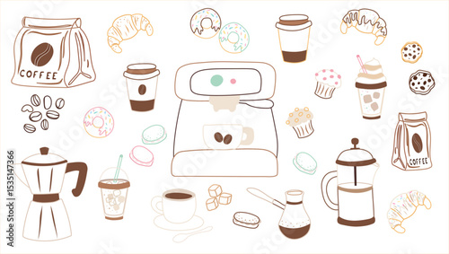 Vector set of coffee drinks, beans, croissants, cupcakes, macarons, donuts and coffee makers in colorful stroke style. Perfect for menu design, packaging and decoration