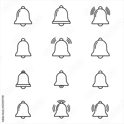 Twelve Black Outline Bell Icons Notification Alert Symbols Set White Background bells Vector Illustration for Design, Business, and Stock Platforms