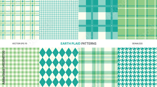 Earth seamless vector plaid pattern collection with teal mint green blue houndstooth gingham tartan and argyle backgrounds perfect for textiles wrapping design digital print and fashion crafts