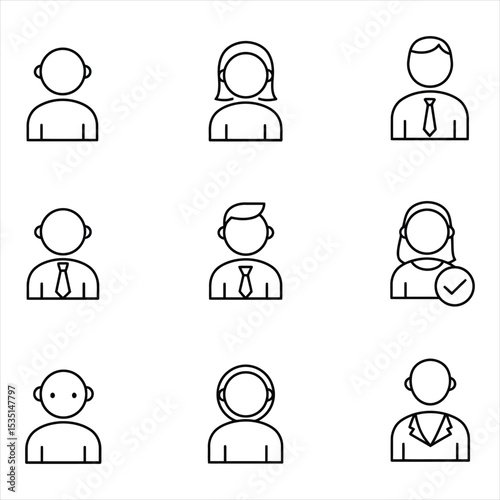 Nine simple black line icons depicting diverse people profiles including men women and a verified user symbol on white background Vector Illustration for Design, Business, and Stock Platforms