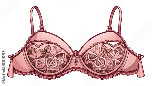 Romantic balconette bra in blush tone with embroidered lace cups and wide-set straps laid out on white background. A perfect balance of support and style for classic vector looks.