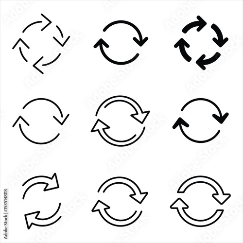 Nine Black Circular Arrow Icons Set Various Styles Refresh Reload Recycle Symbols Web U I Design Elements Vector Illustration for Design, Business, and Stock Platforms