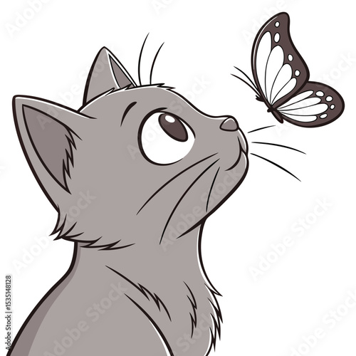 a Cat with a Butterfly on Its Nose, A gray cat with wide eyes, staring at a butterfly resting on its nose. isolated on a white backgroundround
