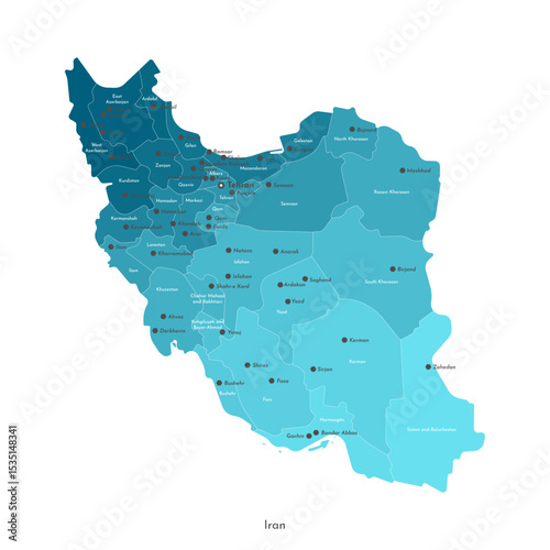 Vector isolated illustration of simplified administrative map of Iran. Borders and names of the provinces, regions, big cities and towns with nuclear objects. Blue silhouettes. White outline.
