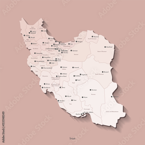 Vector isolated illustration of simplified administrative map of Iran. Borders and names of the provinces, regions, big cities and towns with nuclear objects. Beige silhouettes. Brown background