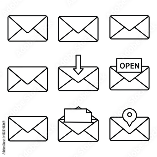 Nine Black Outline Envelope Icons Email Message Communication Symbols Download Open Location White Background Vector Illustration for Design, Business, and Stock Platforms