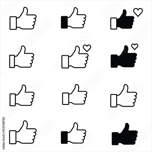 Twelve Thumbs Up Icons Black White Variations with Hearts Social Media Like Symbols Set vector Vector Illustration for Design, Business, and Stock Platforms